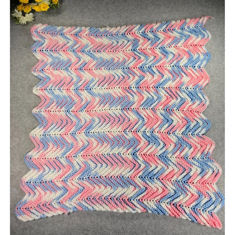 Vtg 90s Handmade Crochet Chevron Baby Blanket Pink Blue Tummy Time Afghan 26x29